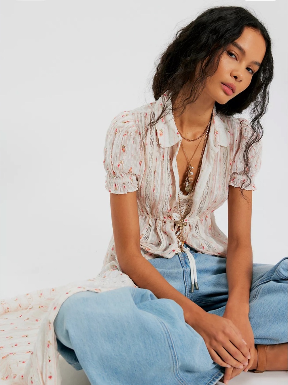 Free People Western Skies Vintage Lace Inset Buttondown Midi Dress